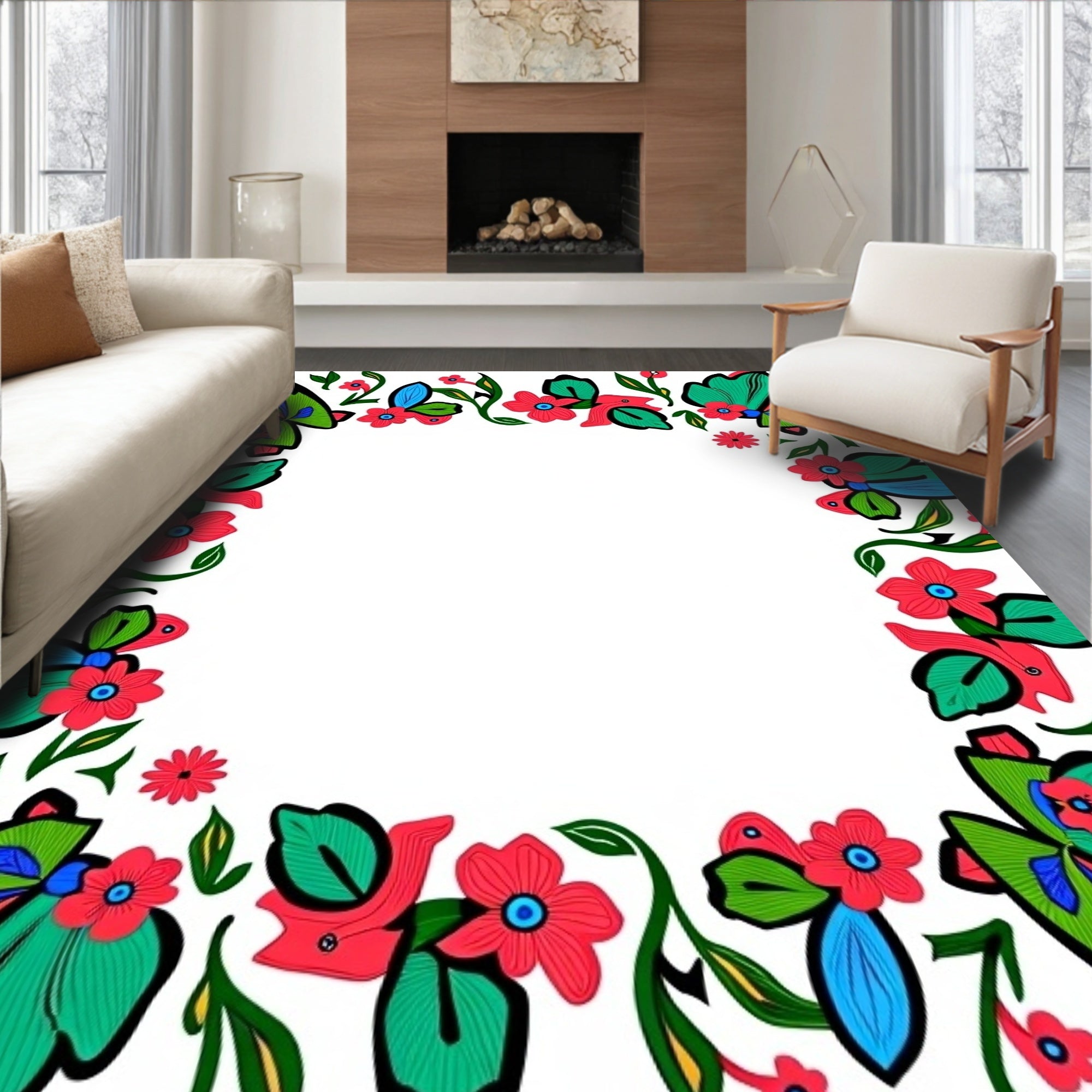 Bold Teal Red Floral Swirl Border Rug