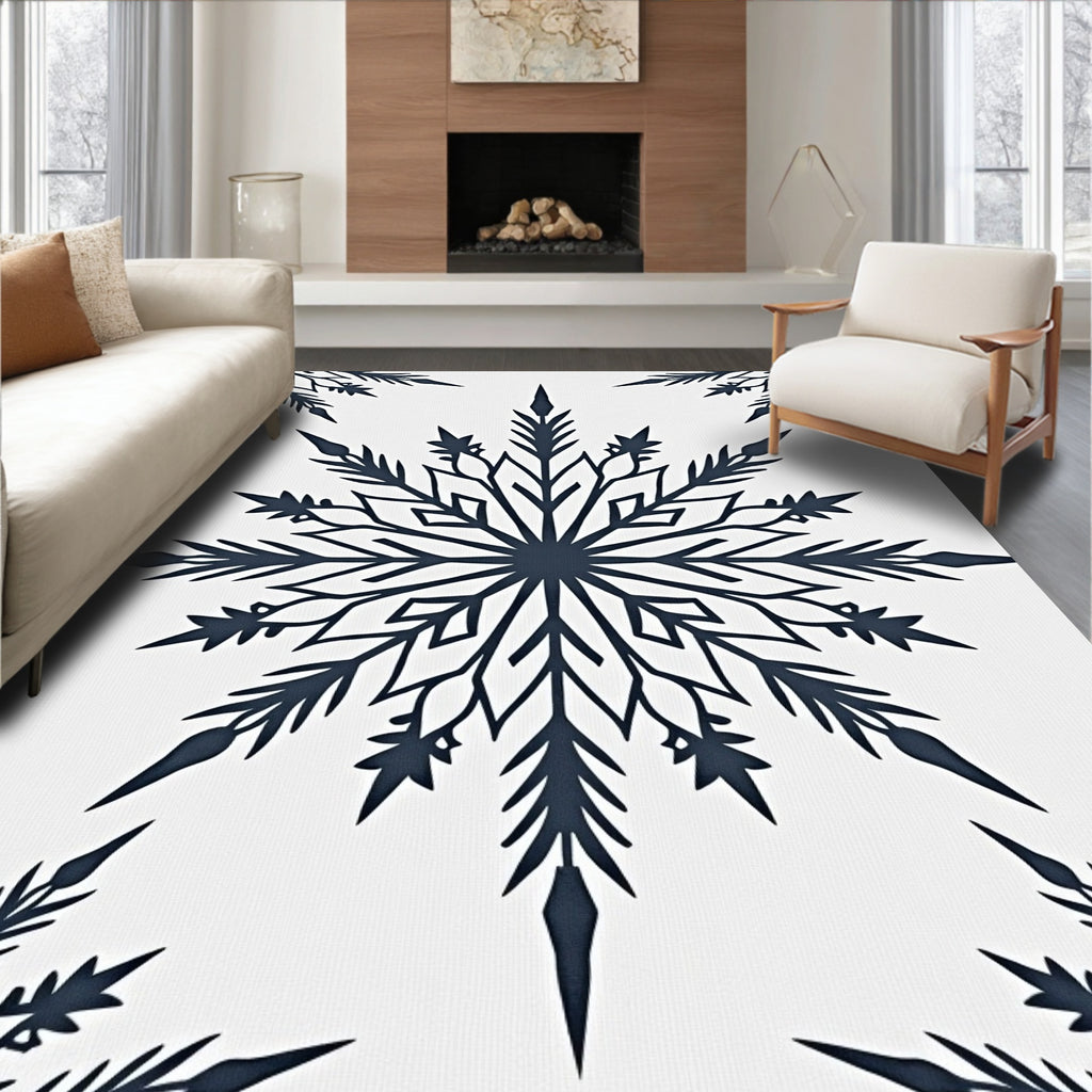 Navy Snowflake White Background Rug