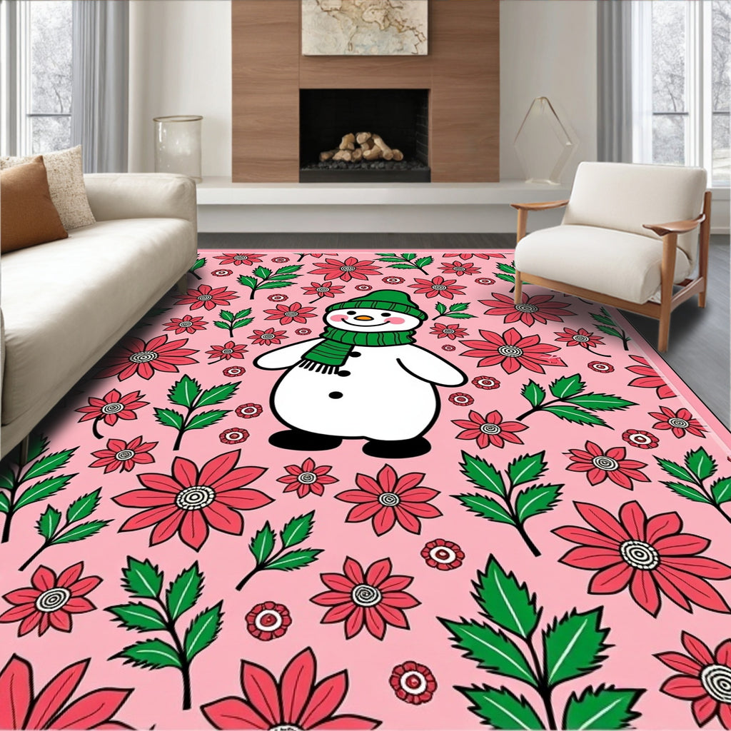 Charming Snowman Pink Floral Garland Rug