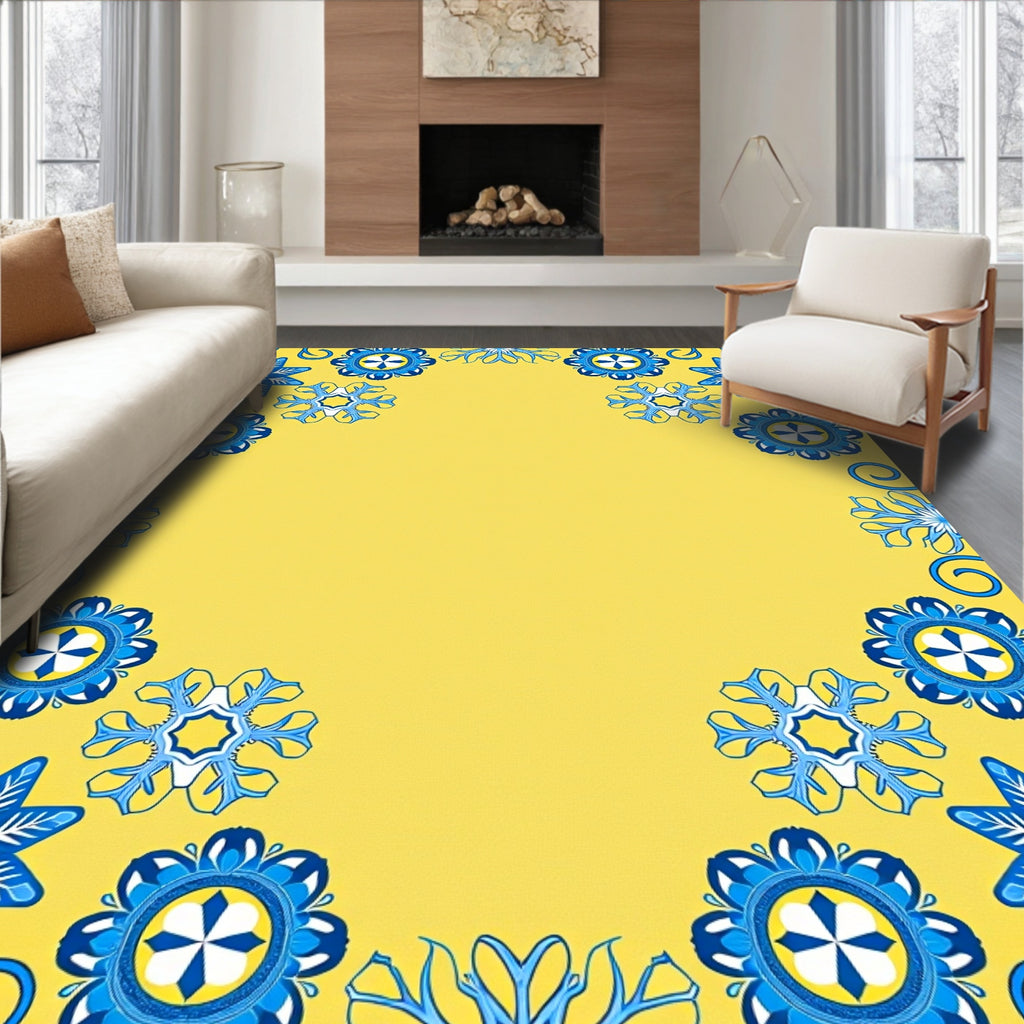 Blue Snowflake Yellow Floral Medley Rug