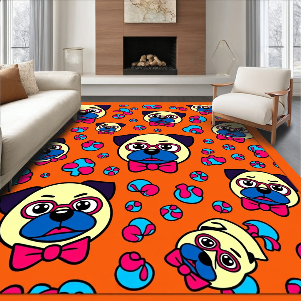 Dapper Pug Faces Neon Swirls Rug