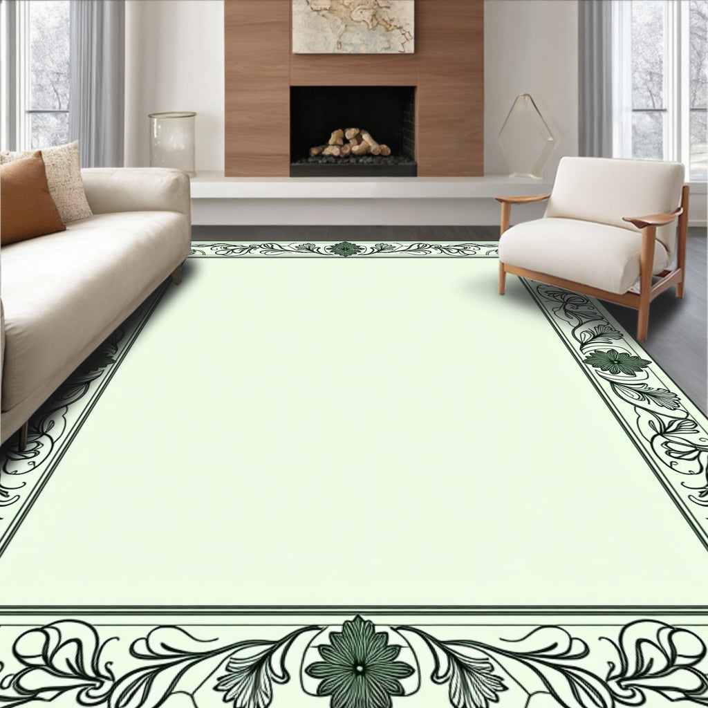 Elegant Black Outline Floral Border Rug