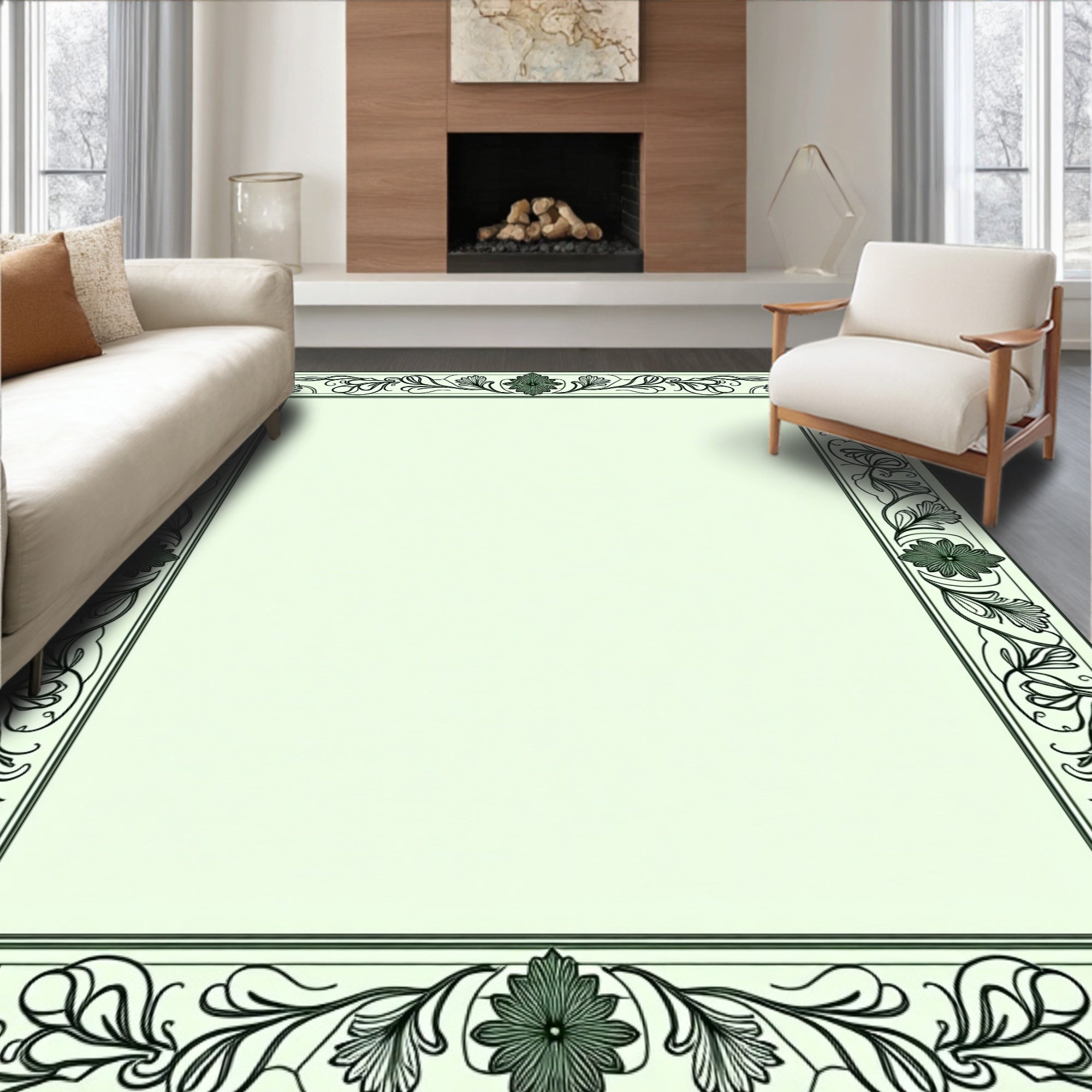 Elegant Black Outline Floral Border Rug