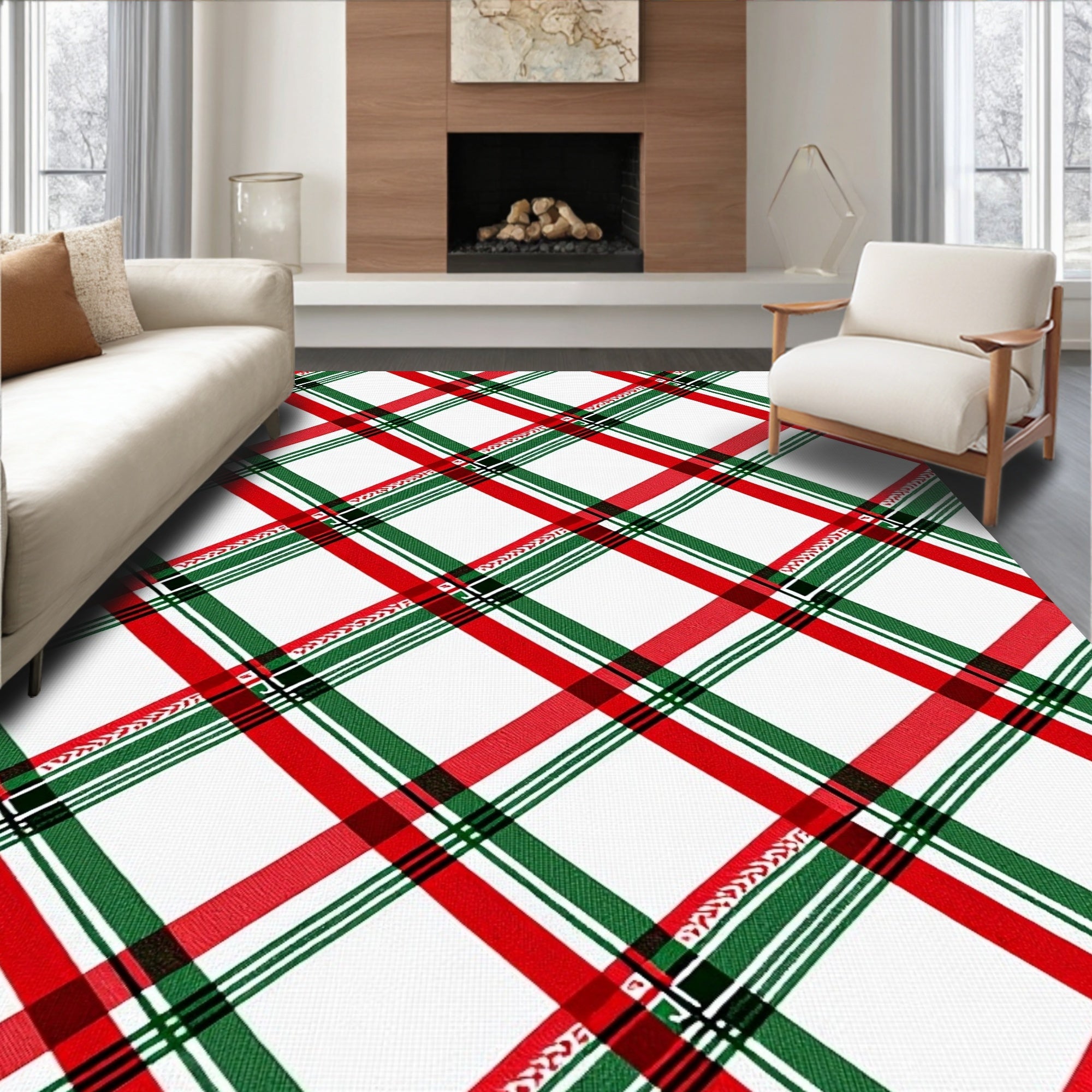 Diagonal Red Green White Tartan Rug