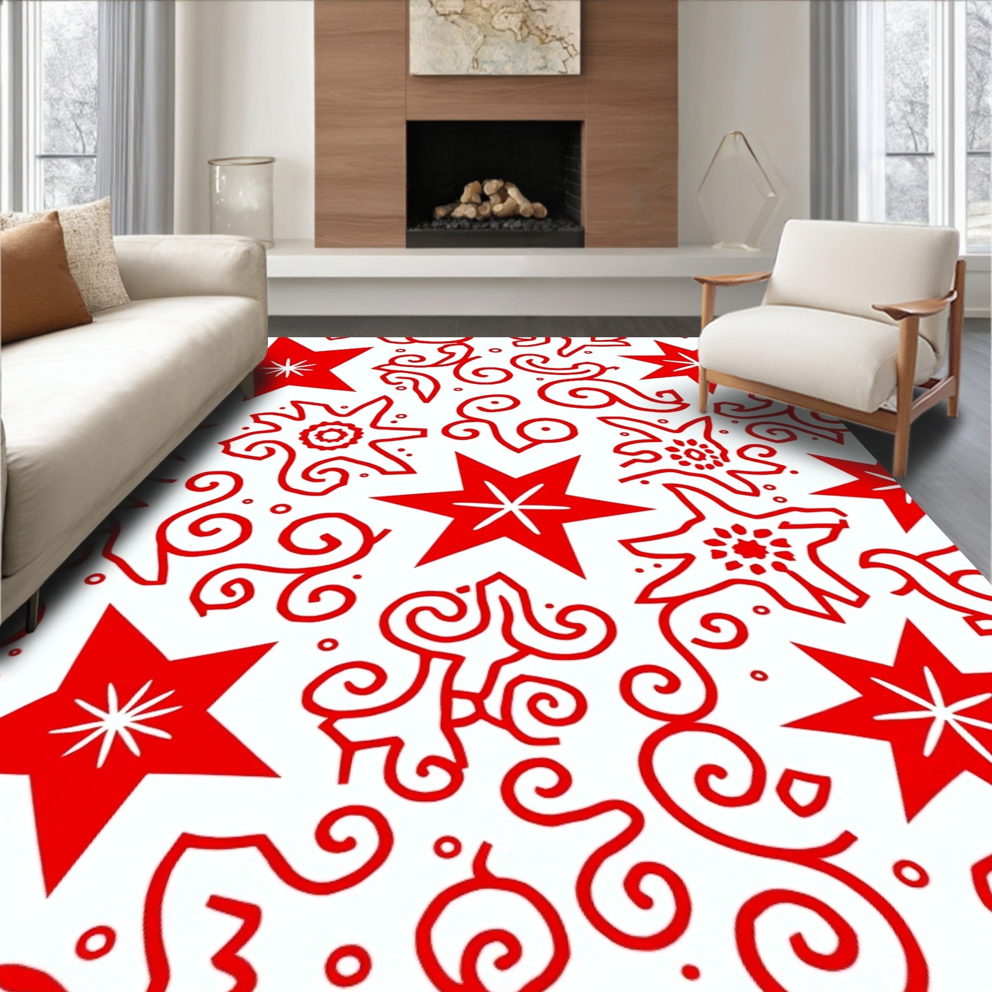 Red Star Swirls Repeating Pattern Rug