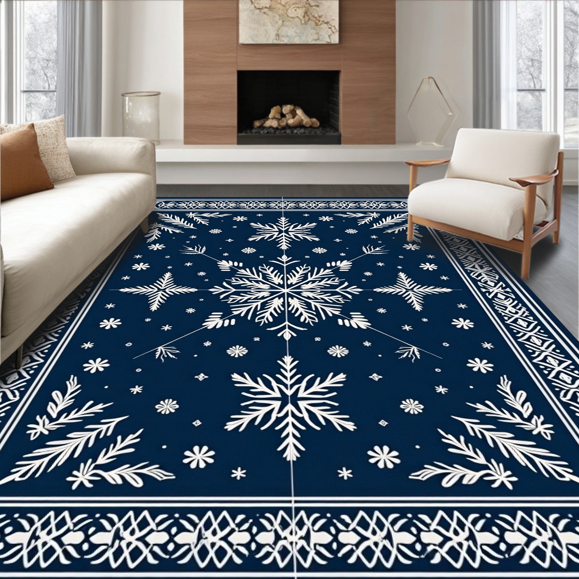Classic Snowflake Bordered Navy Rug