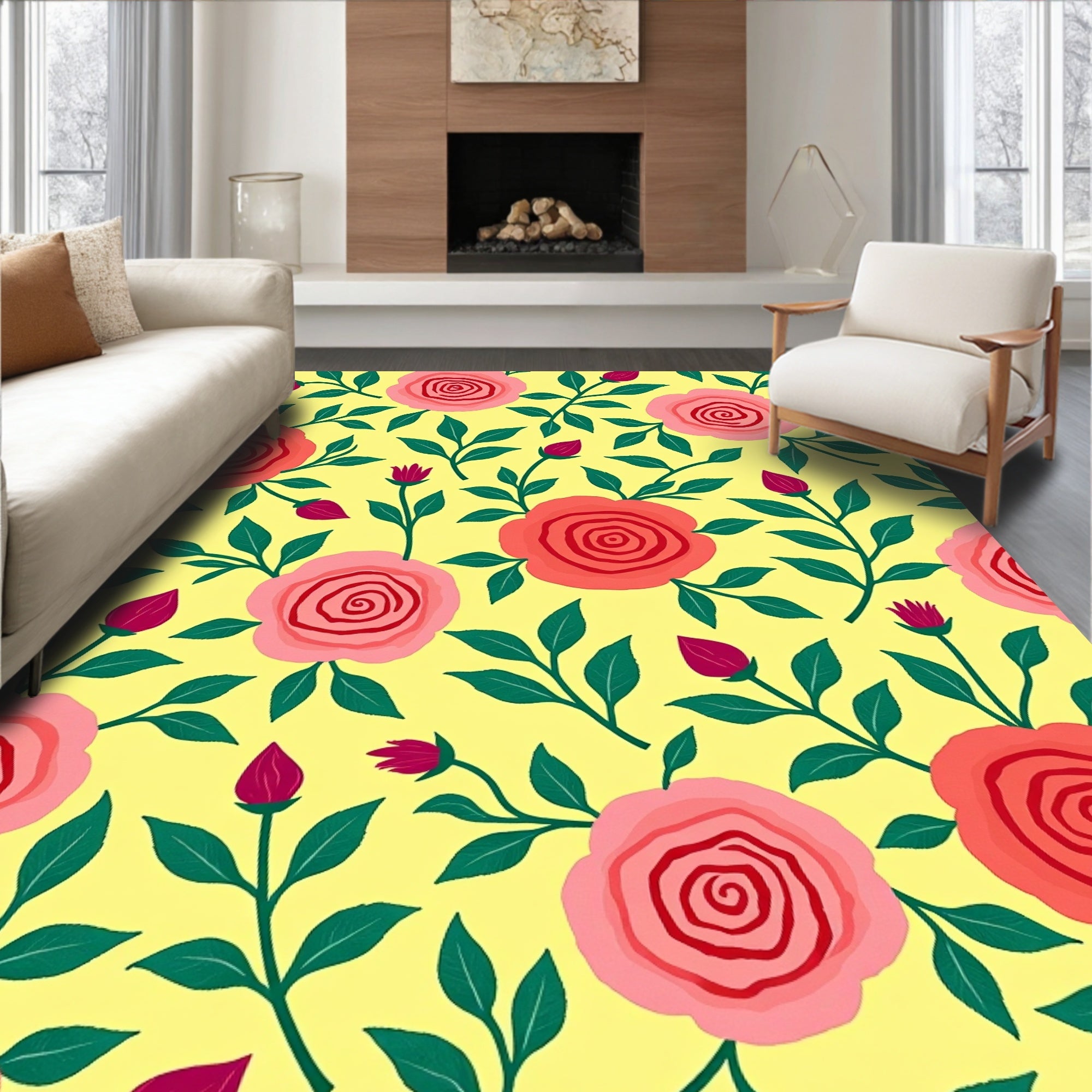 Coral Pink Rose Garden Fabric Rug