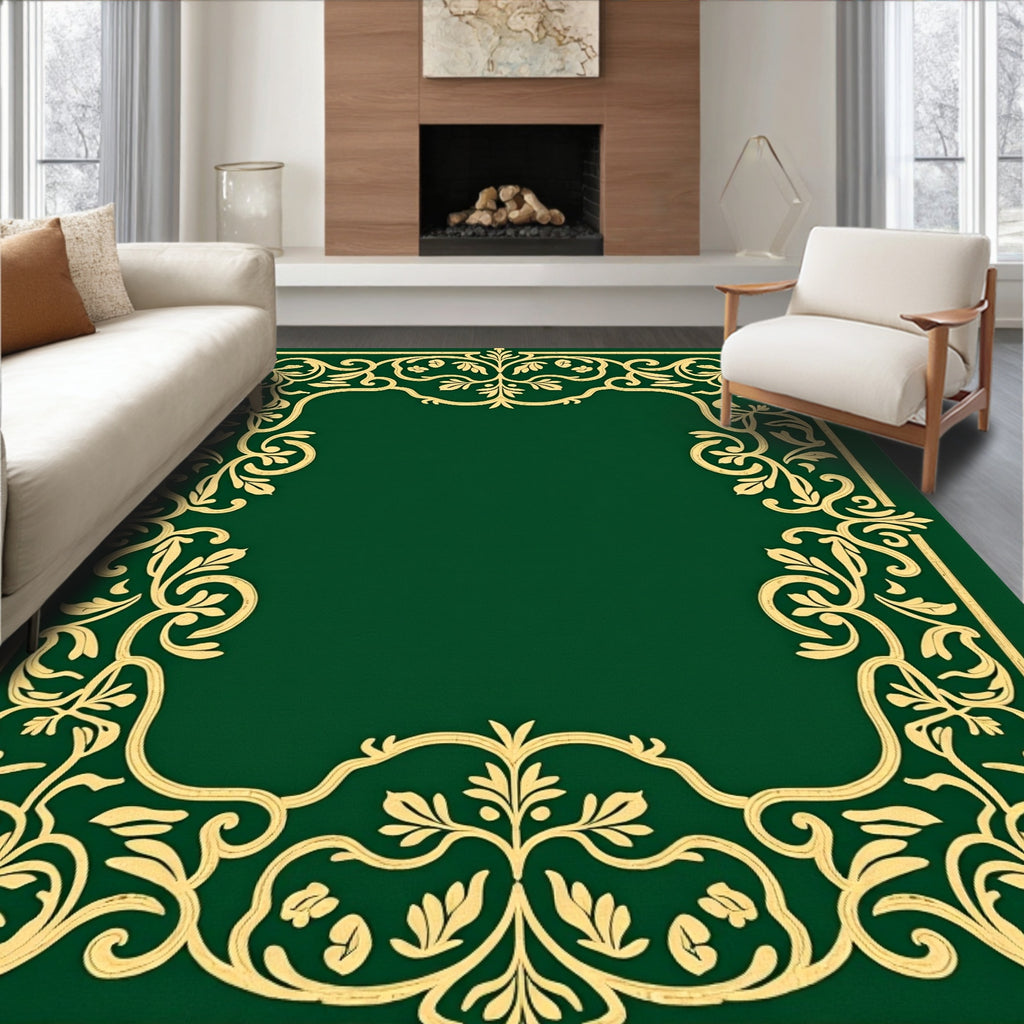 Ornate Golden Leaf Scroll Border Emerald Rug