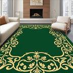 Ornate Golden Leaf Scroll Border Emerald Rug