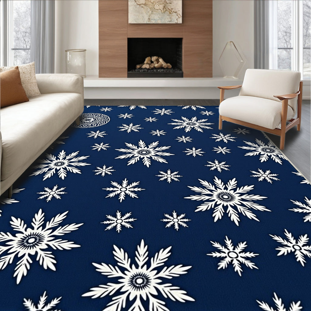 Deep Blue Snowflake Mandala Snowscape Rug