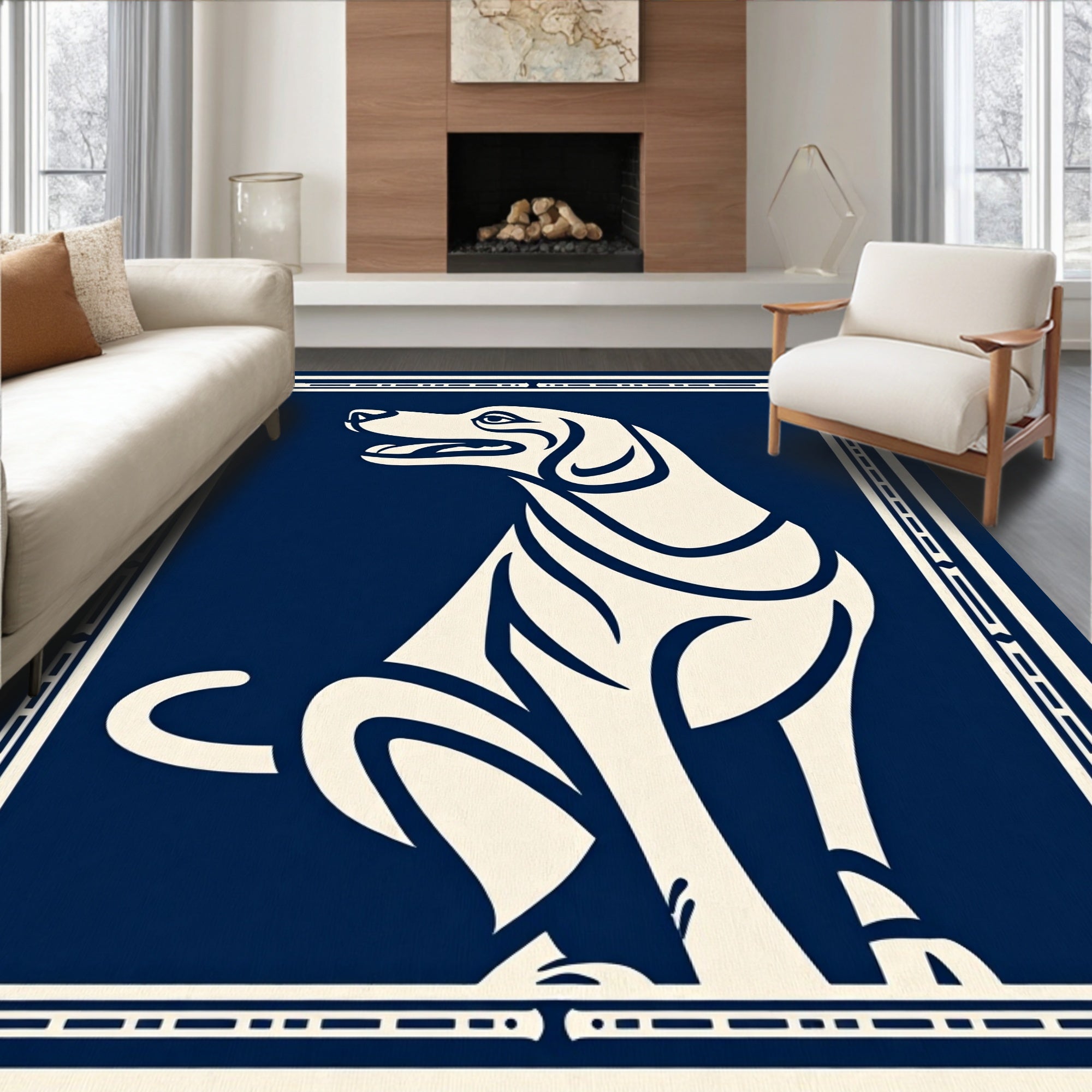 Deep Blue Sitting Dog Graphic Frame Rug