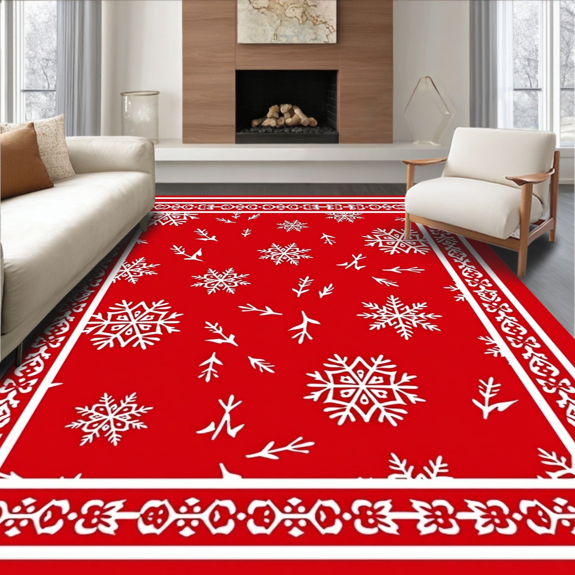 Red White Snowflake Holiday Border Rug