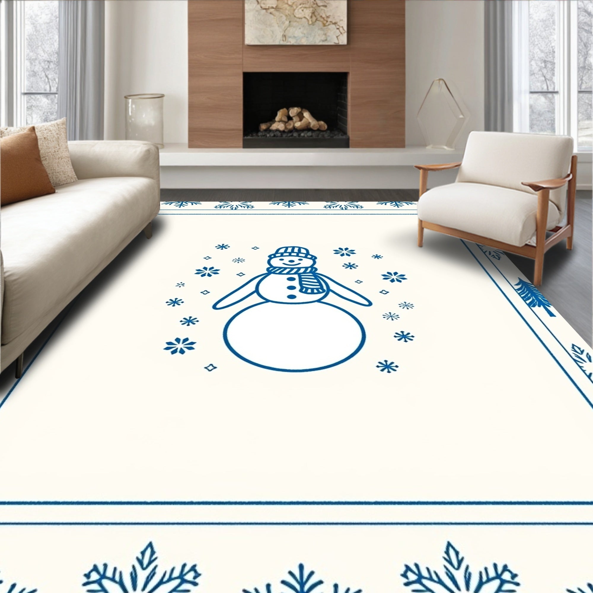 Blue Snowman Snowflake Winter Holiday Rug