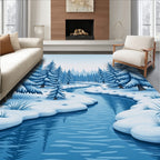 Winter Forest Stream Serene Blue Landscape Rug
