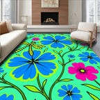 Bright Blue Floral Dragonfly Garden Rug