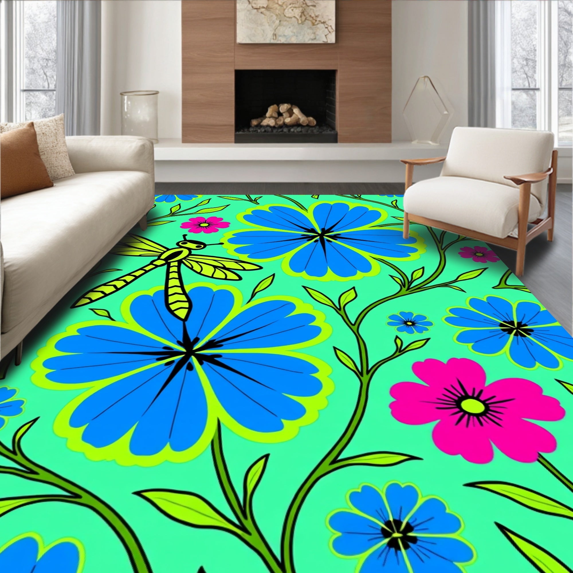Bright Blue Floral Dragonfly Garden Rug
