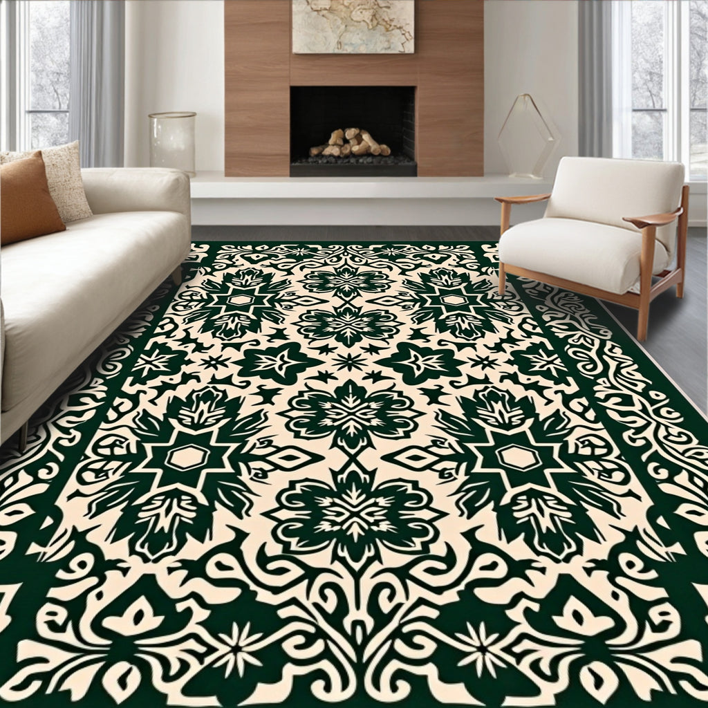 Ornate Green Floral Medallion Repeating Rug