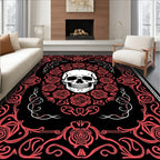 Black Crimson Skull Floral Frame Rug