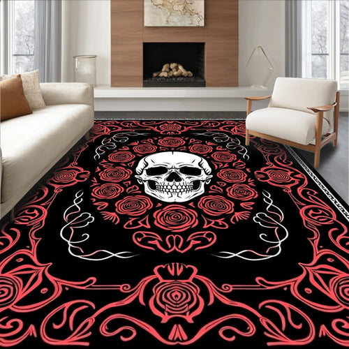 Black Crimson Skull Floral Frame Rug