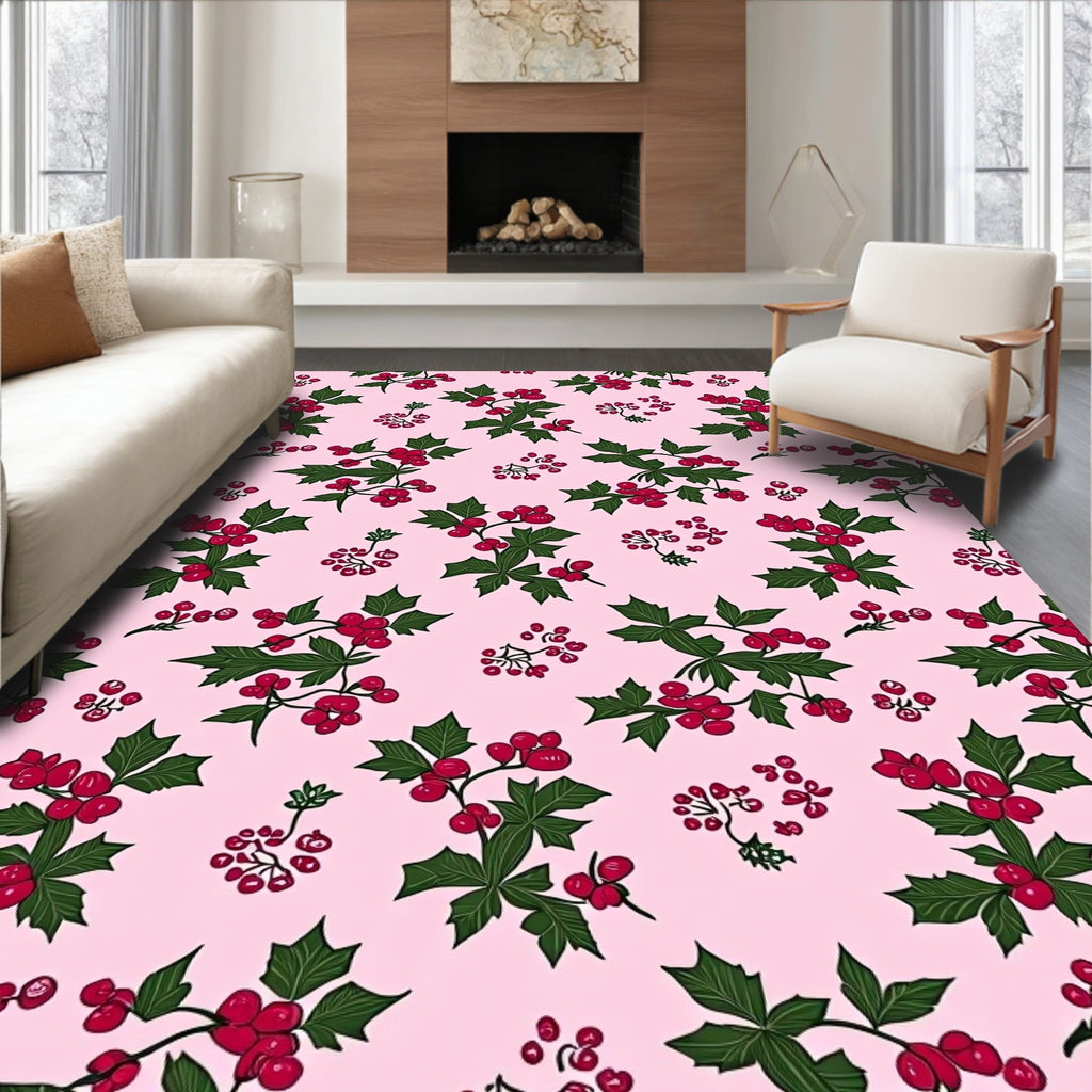 Festive Pink Holly Berry Sprigs Rug