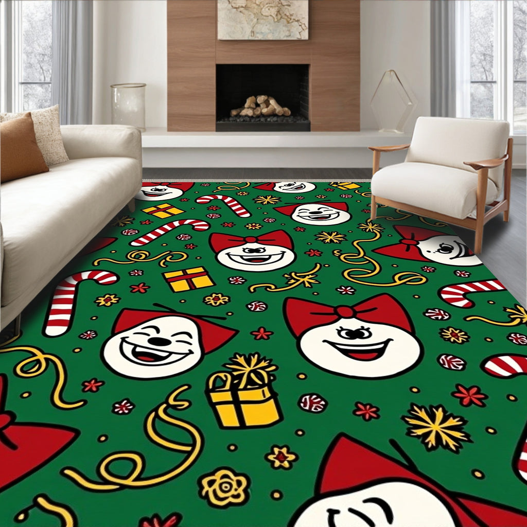 Festive Green Holiday Faces Candy Canes Rug