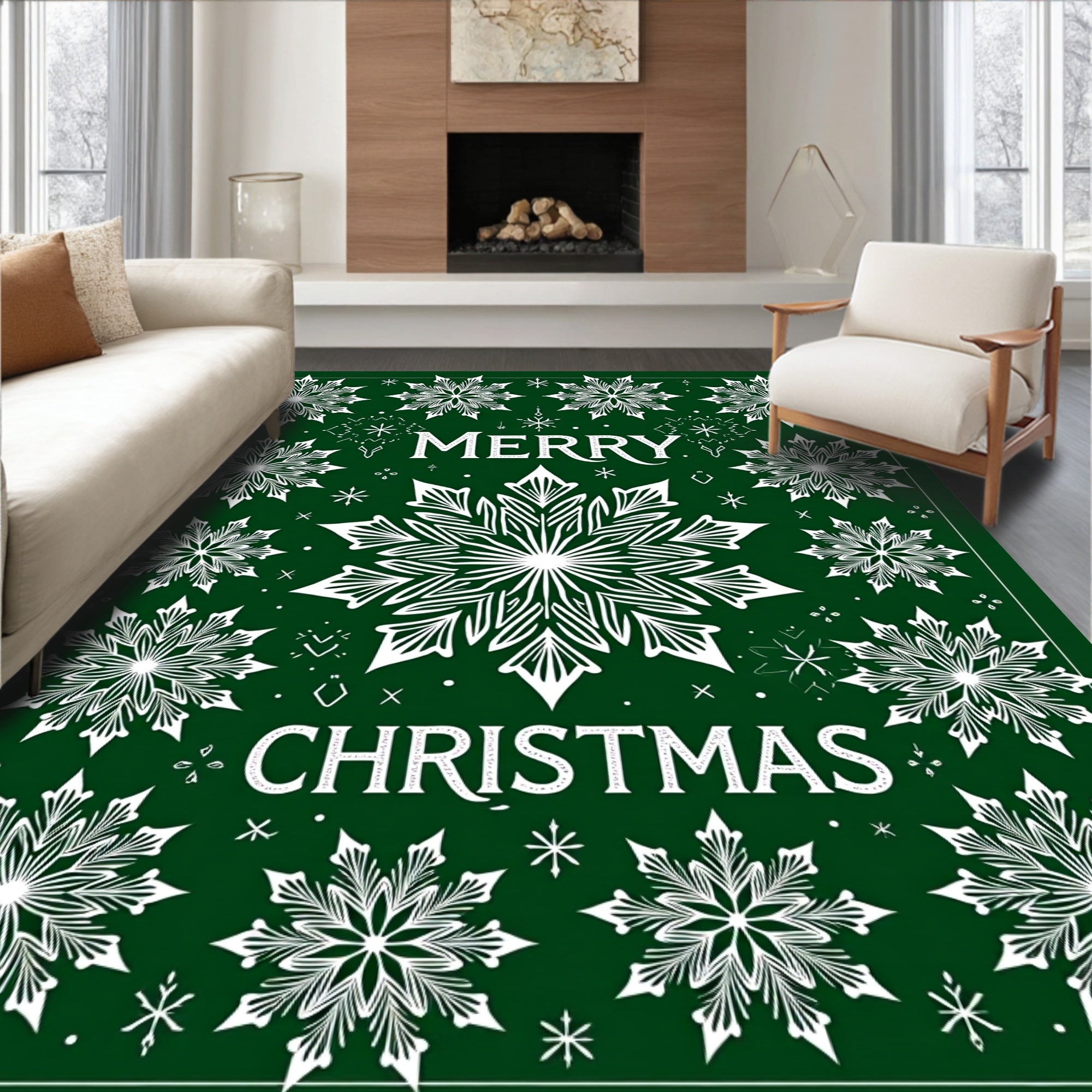 Festive White Snowflake Emerald Green Rug