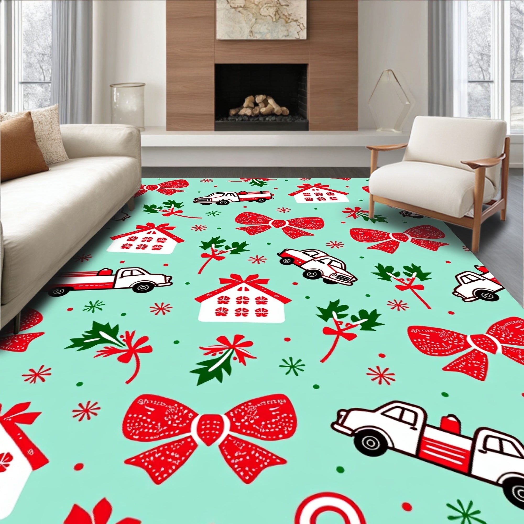 Red White Trucks Houses Bows Mistletoe Rug