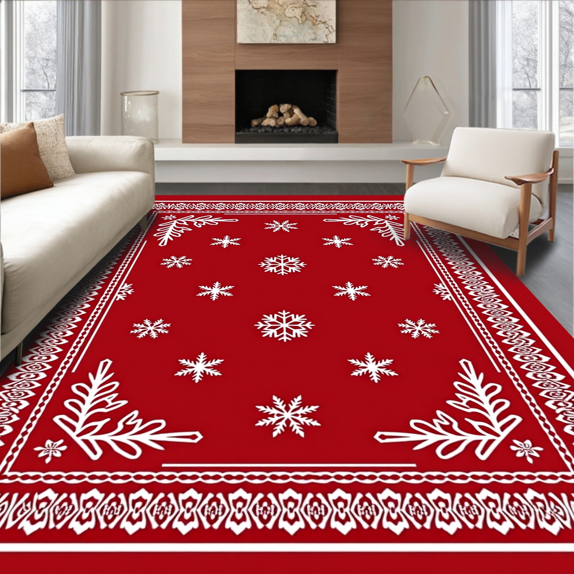 Crimson Snowflakes Intricate Border Rug