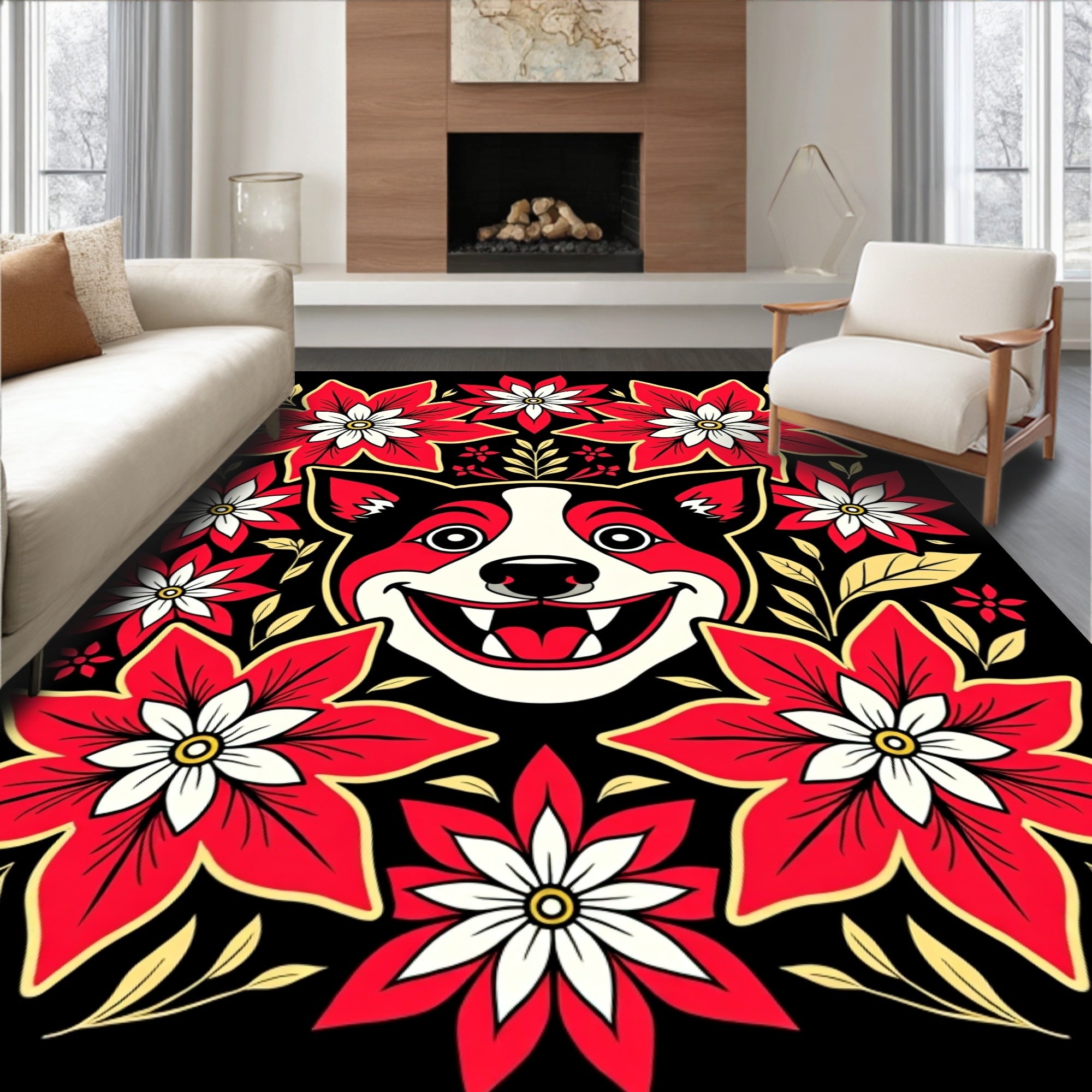 Joyful Dog Red Floral Whimsical Rug