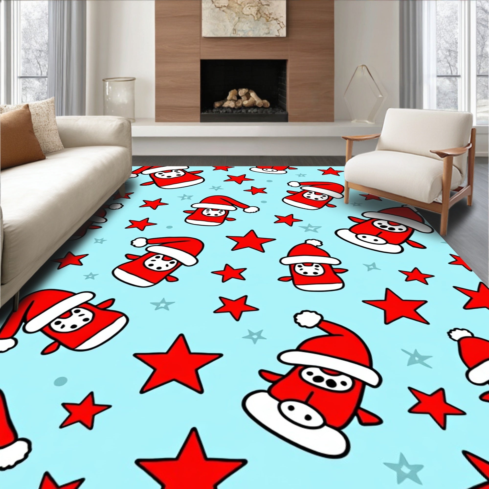 Festive Red Santa Stars Sky Blue Rug