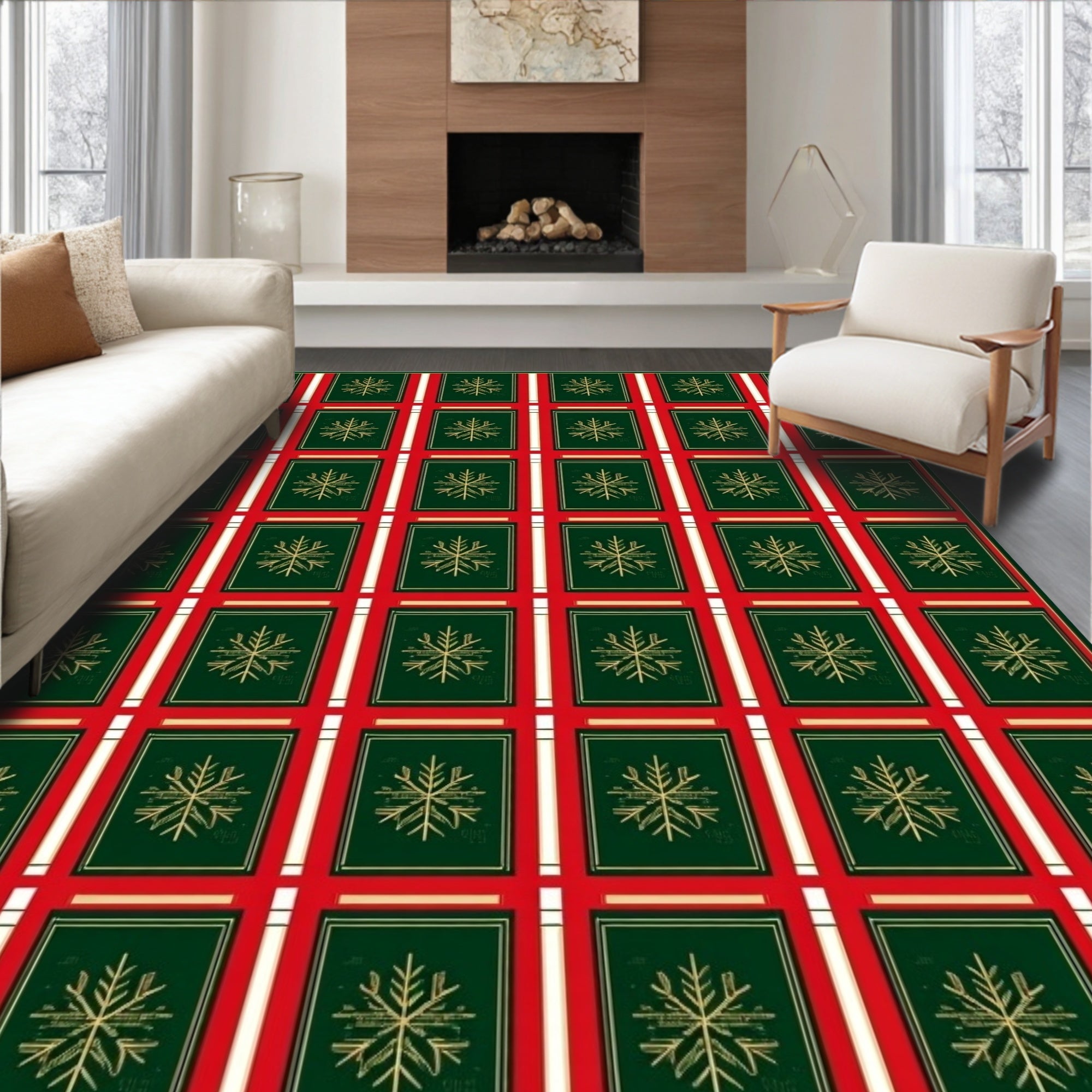 Red Green Gold Snowflake Plaid Rug