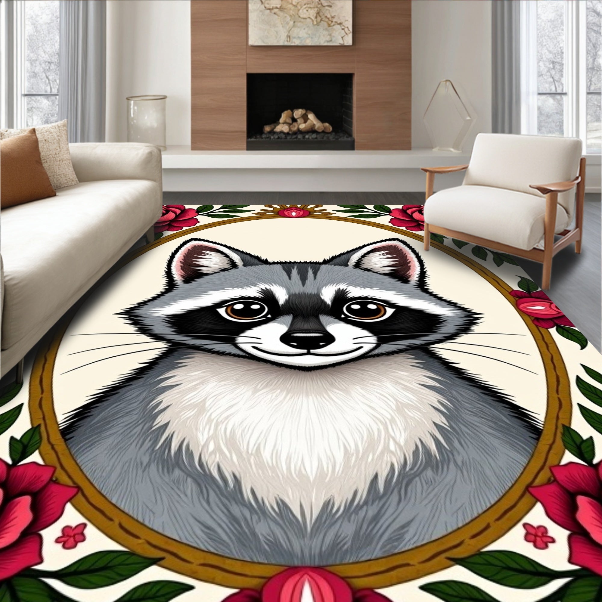 Crimson Rose Raccoon Oval Portrait Rug