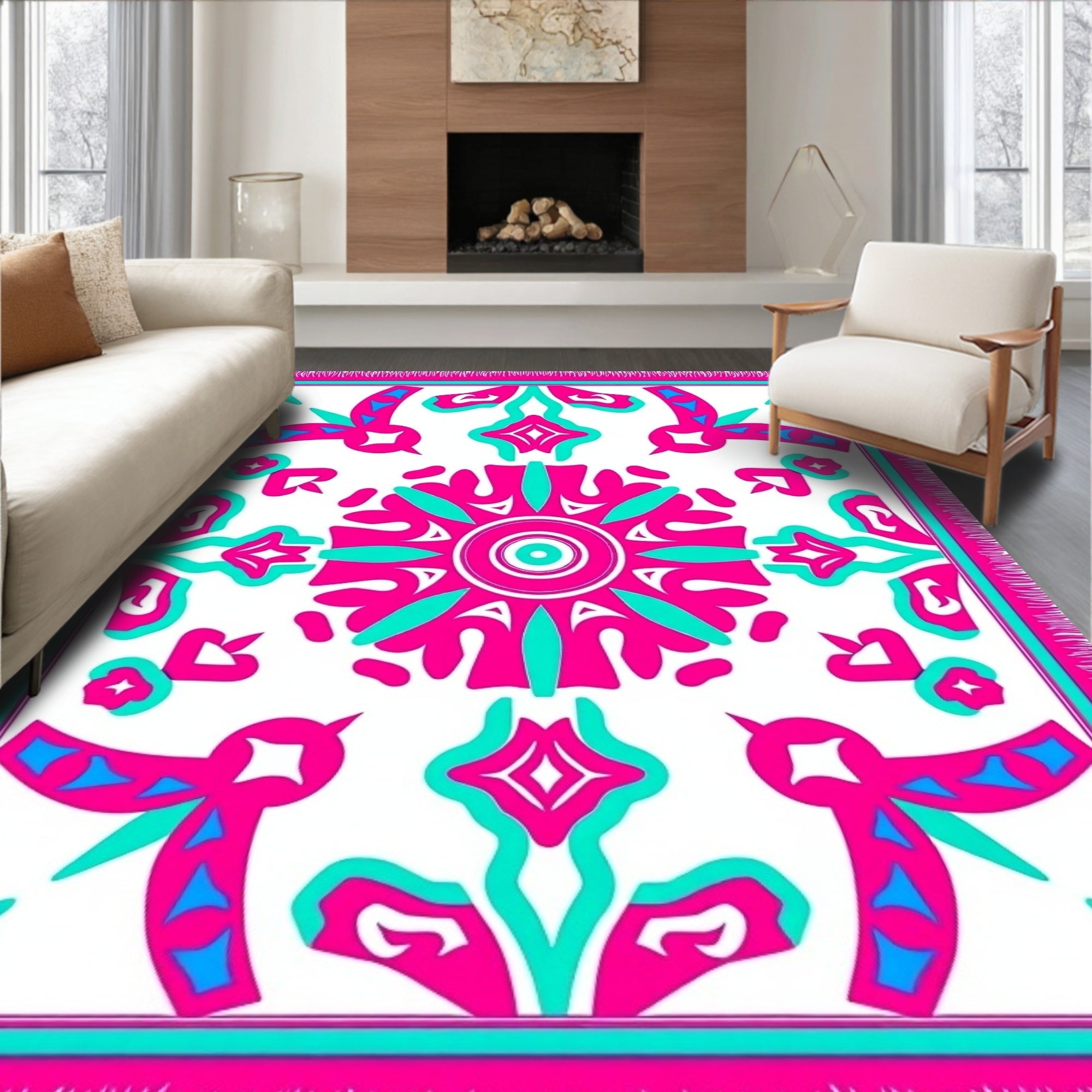 Vibrant Pink Teal Bird Medallion Rug