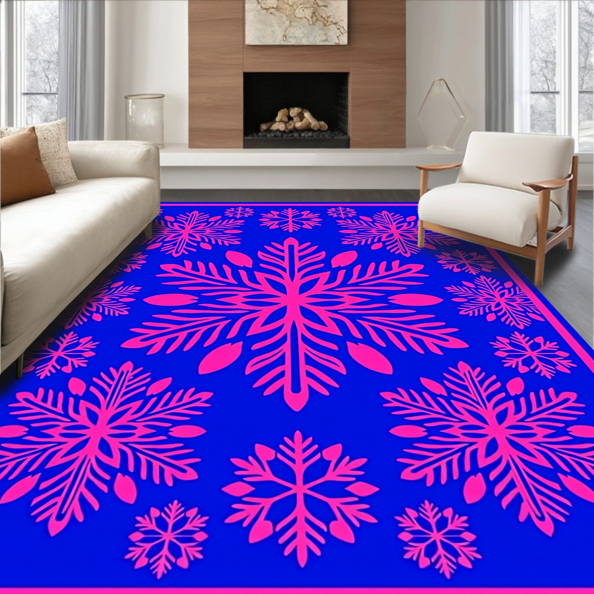 Bright Pink Snowflakes on Electric Blue Rug