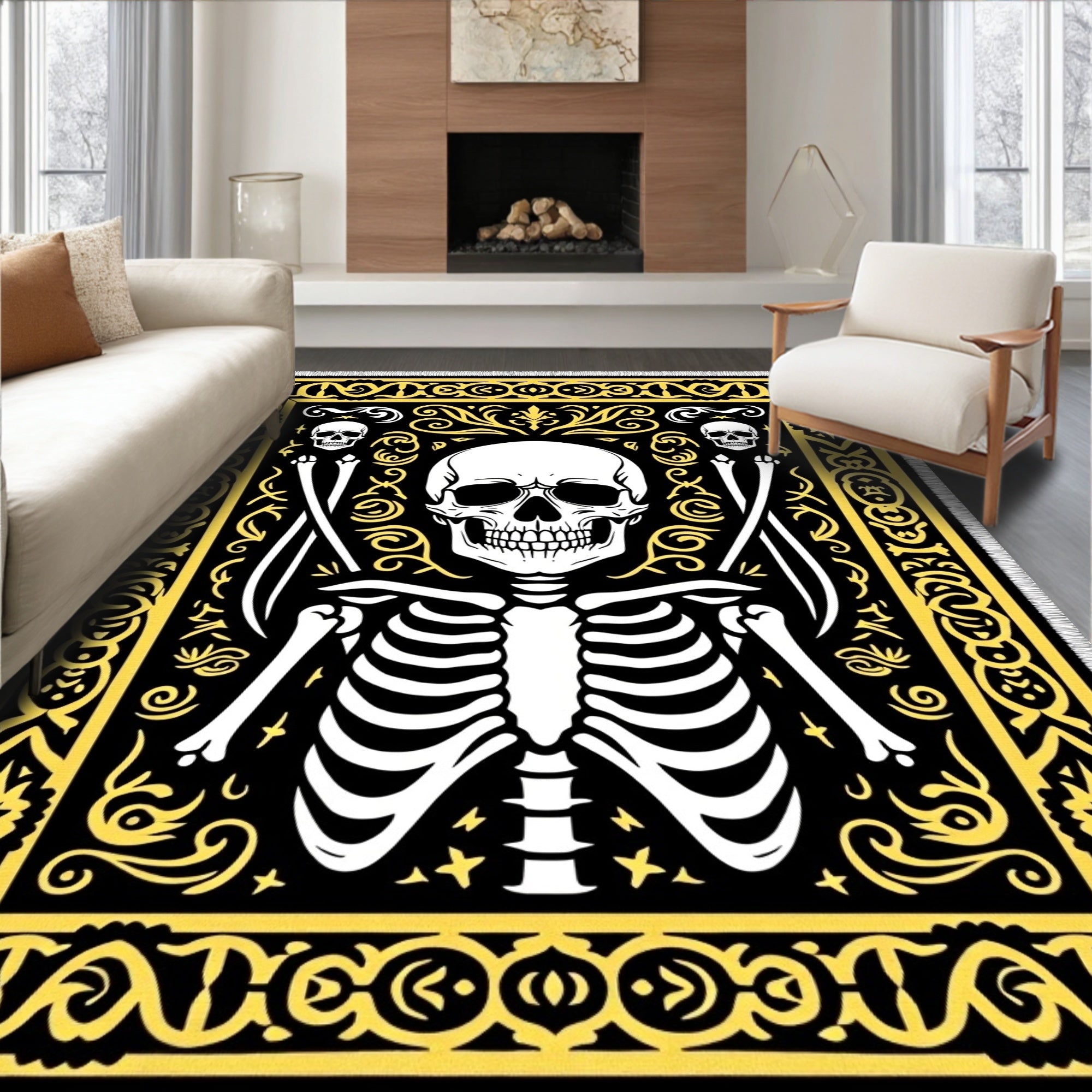 Black Yellow Skeleton Grim Reaper Scythe Rug