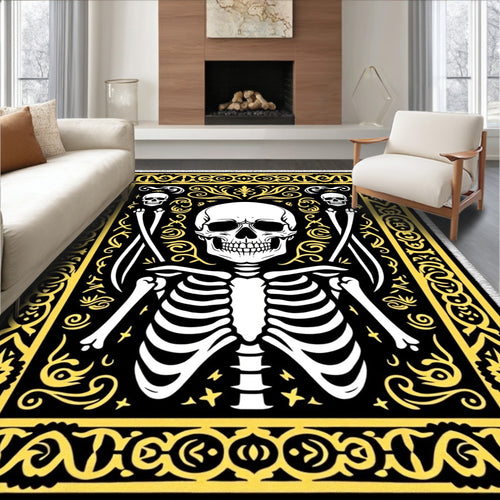 Black Yellow Skeleton Grim Reaper Scythe Rug