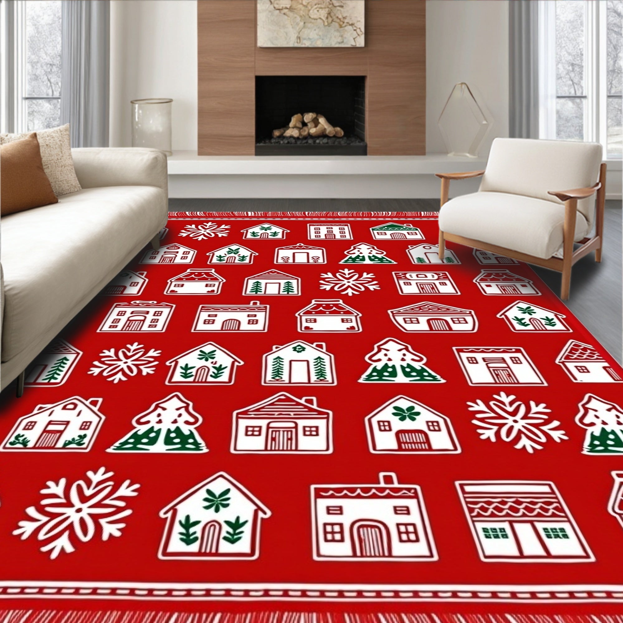 Fiery Red Village Snowflake Landscape Rug
