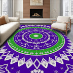 White Floral Mandala On Purple And Green Rug