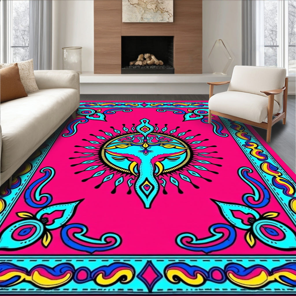Vibrant Pink Bird Sunburst Frame Rug
