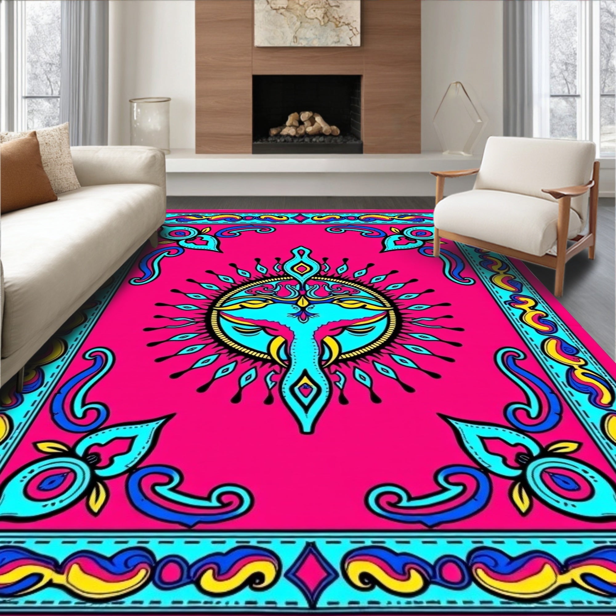 Vibrant Pink Bird Sunburst Frame Rug