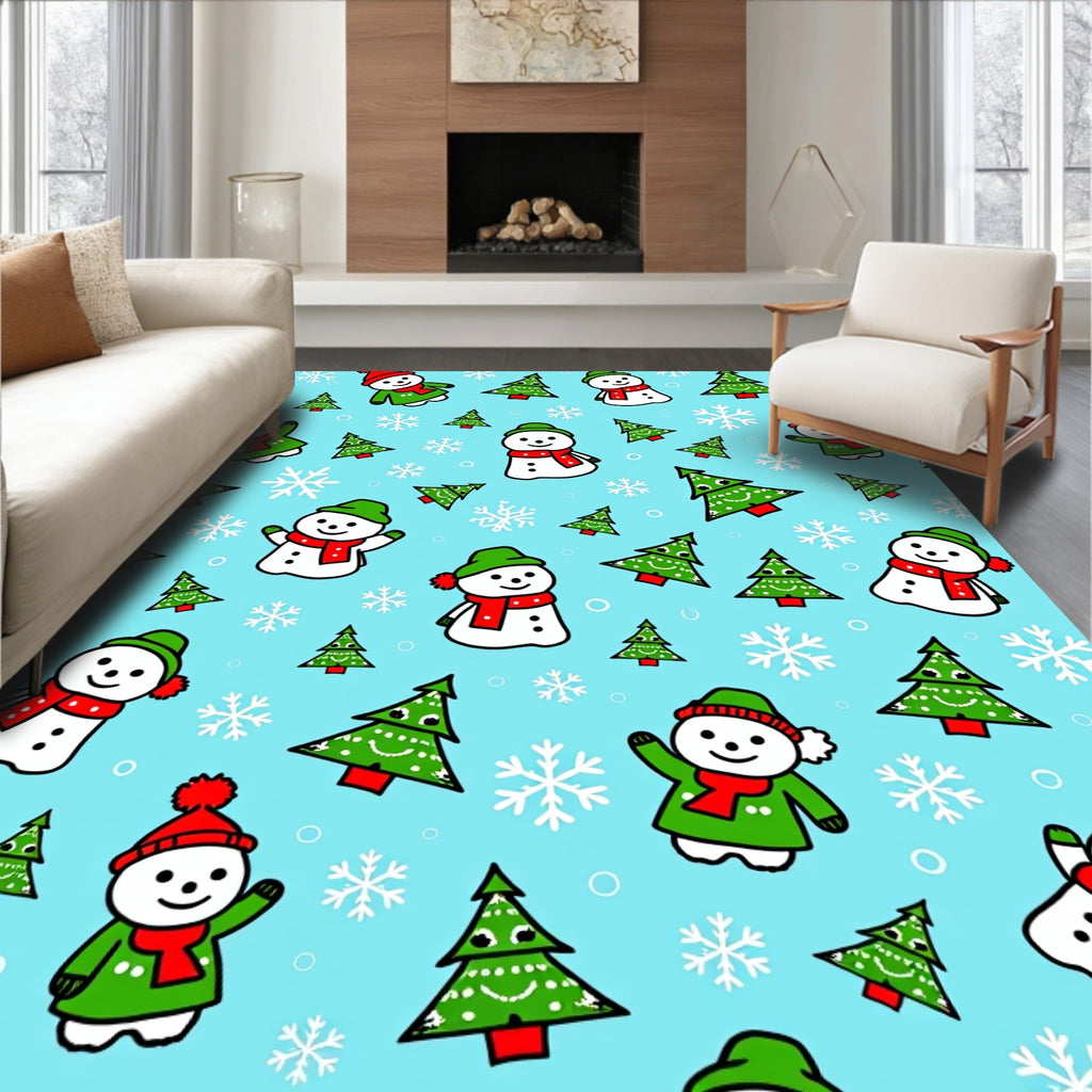 Whimsical Snowman Christmas Tree Snowflakes Rug