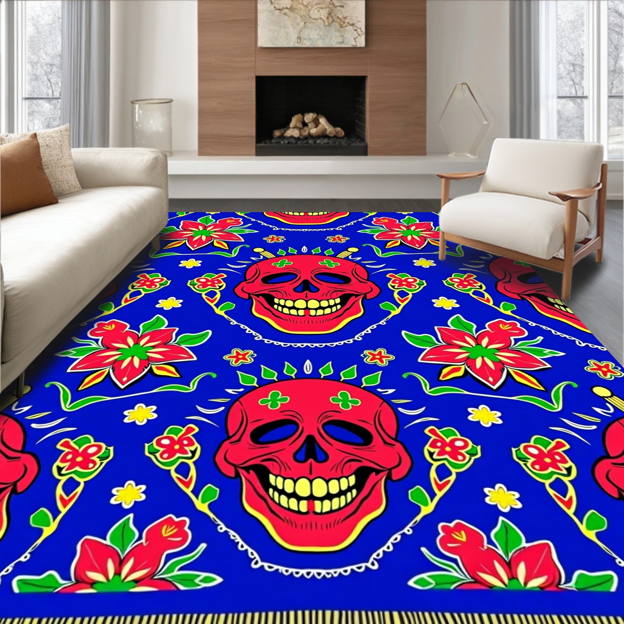 Vibrant Red Skull Blue Floral Harmony Rug
