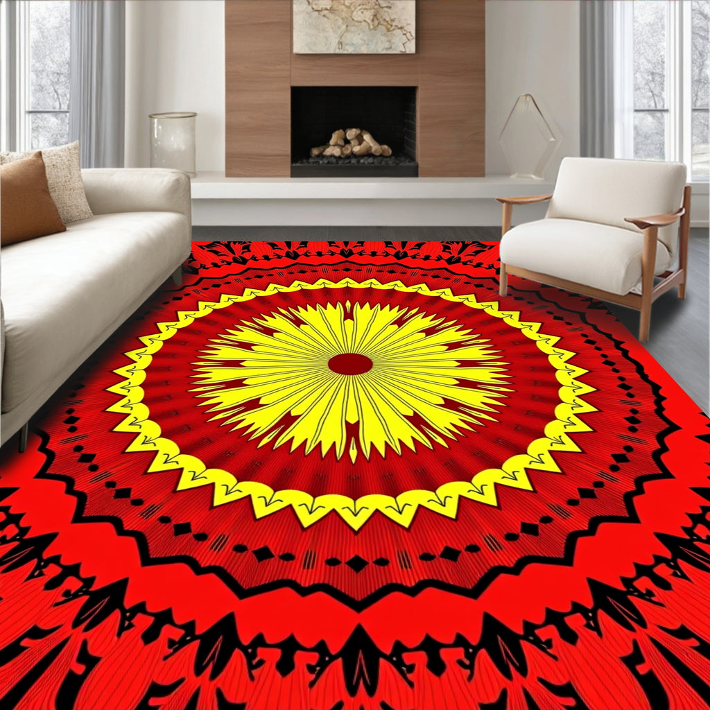 Radiant Sunburst Red Yellow Mandala Rug