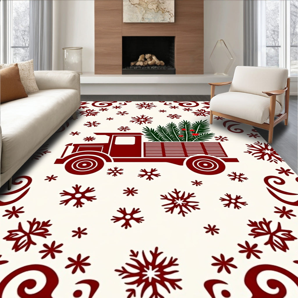 Crimson Truck Delivering Evergreen Snowflakes Rug