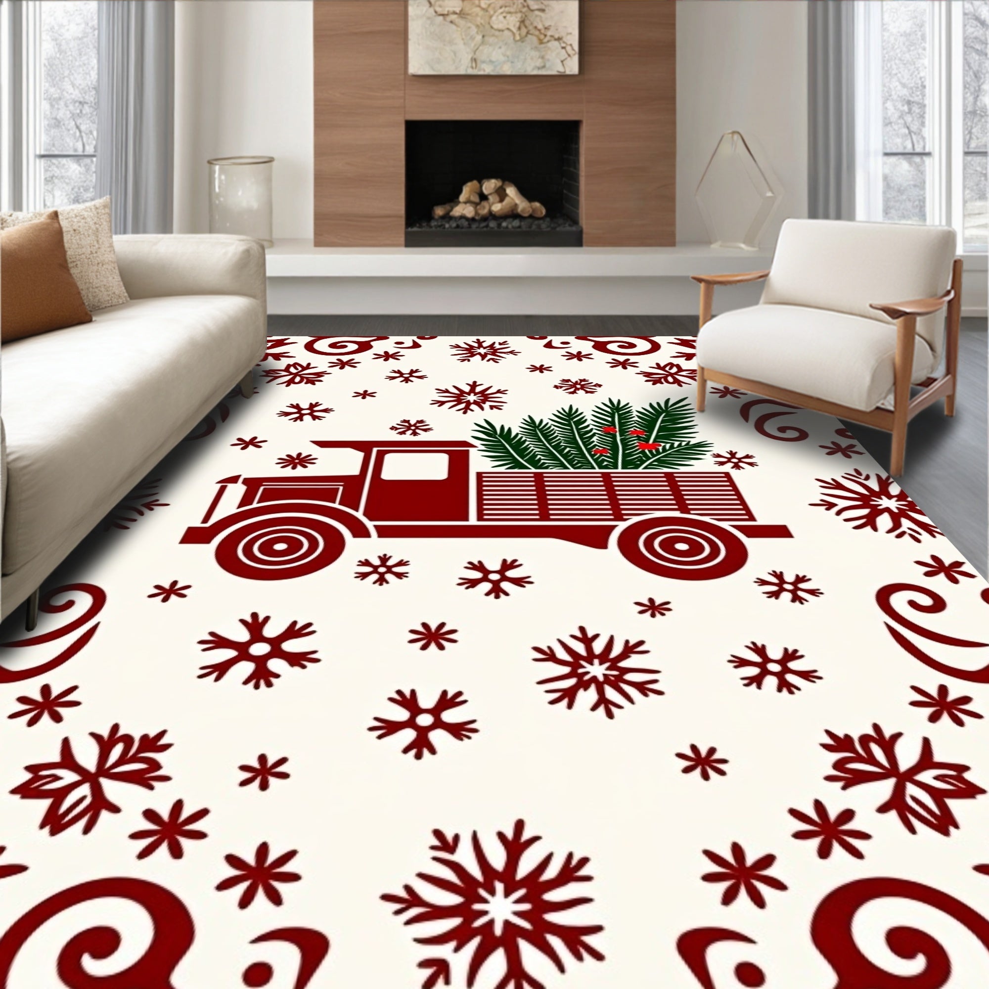 Crimson Truck Delivering Evergreen Snowflakes Rug