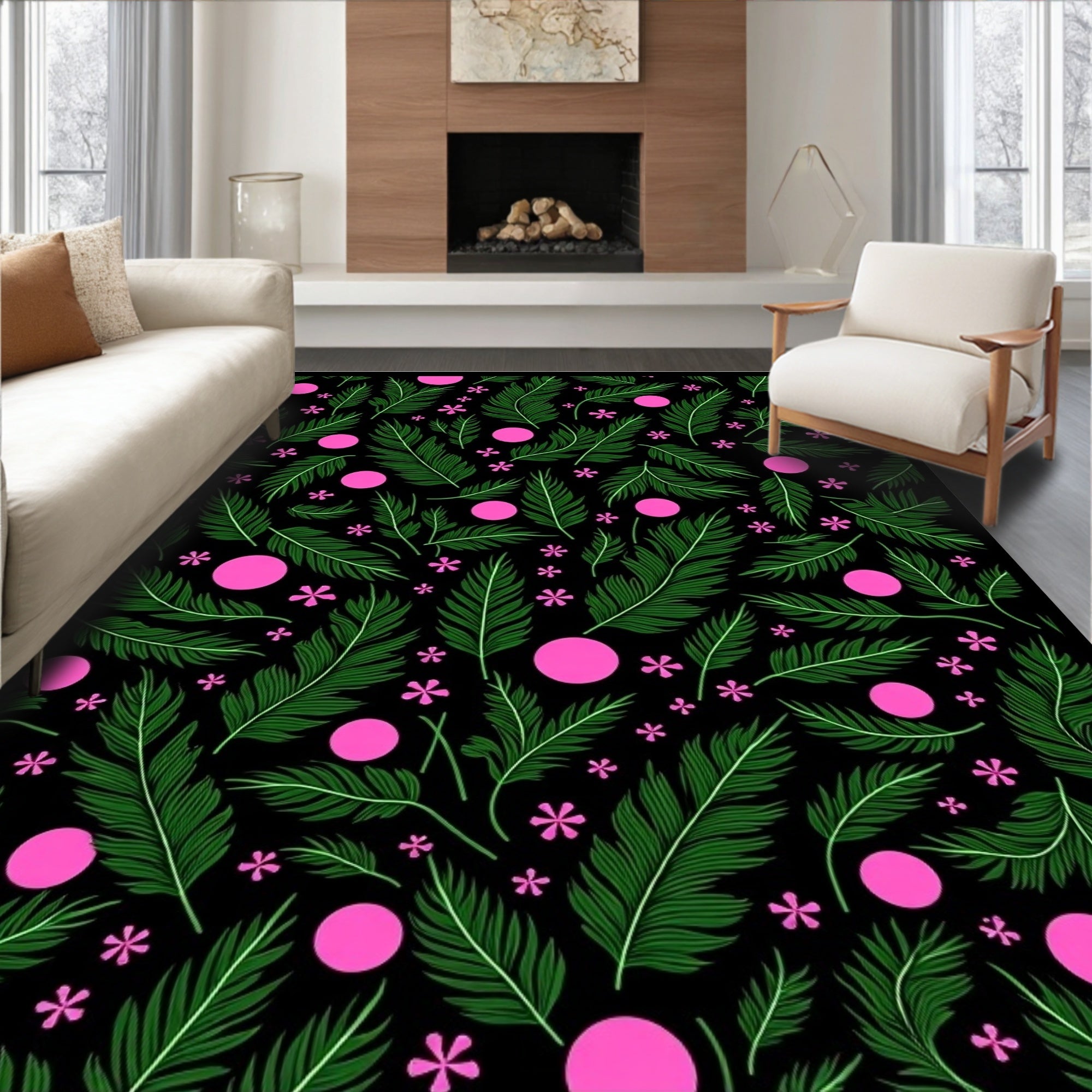 Vibrant Green Feather Pink Dot Garden Rug