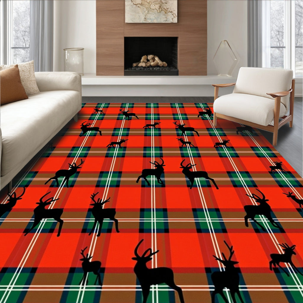 Red Green Plaid Deer Silhouette Rug