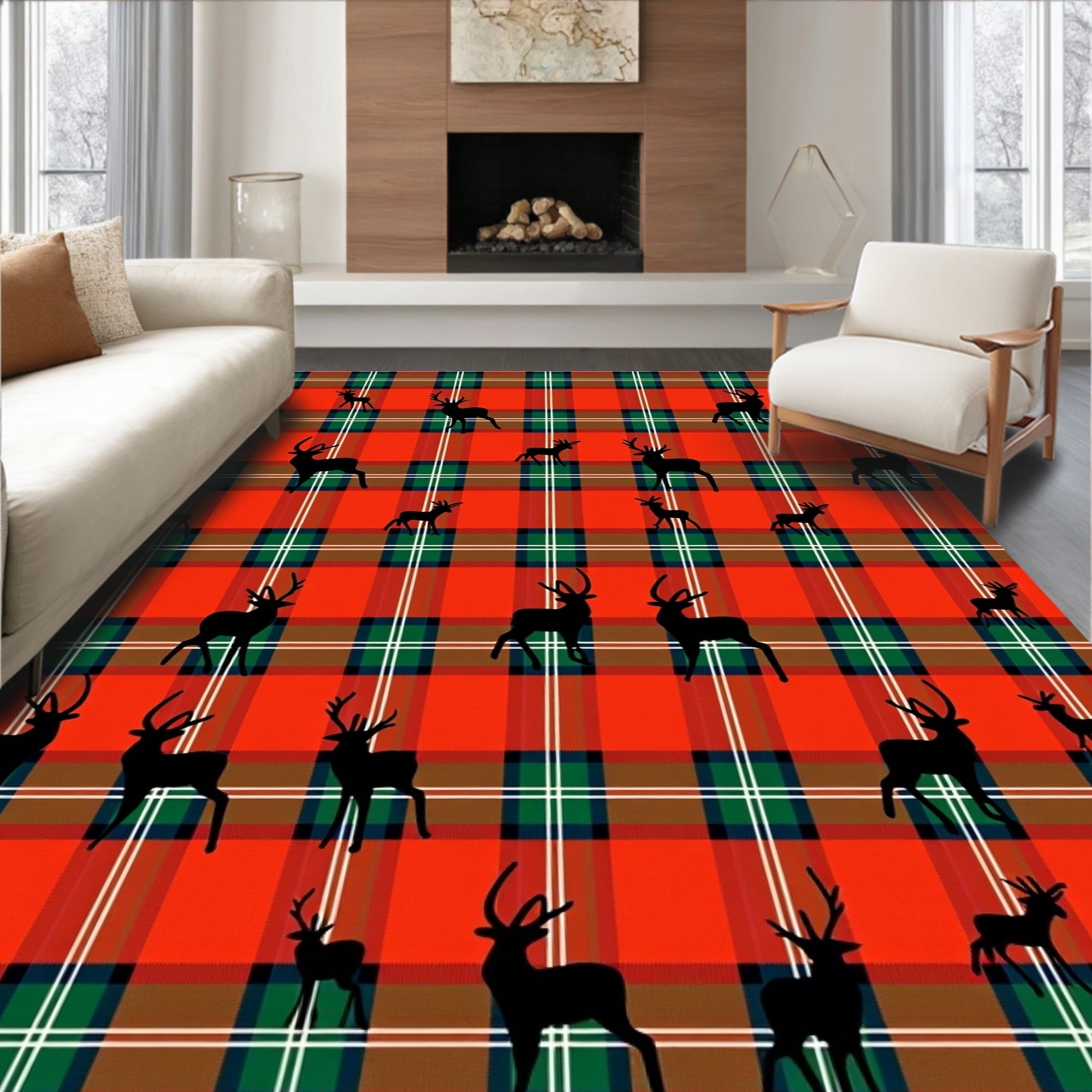 Red Green Plaid Deer Silhouette Rug