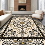 Cream Black Gold Floral Medallion Rug