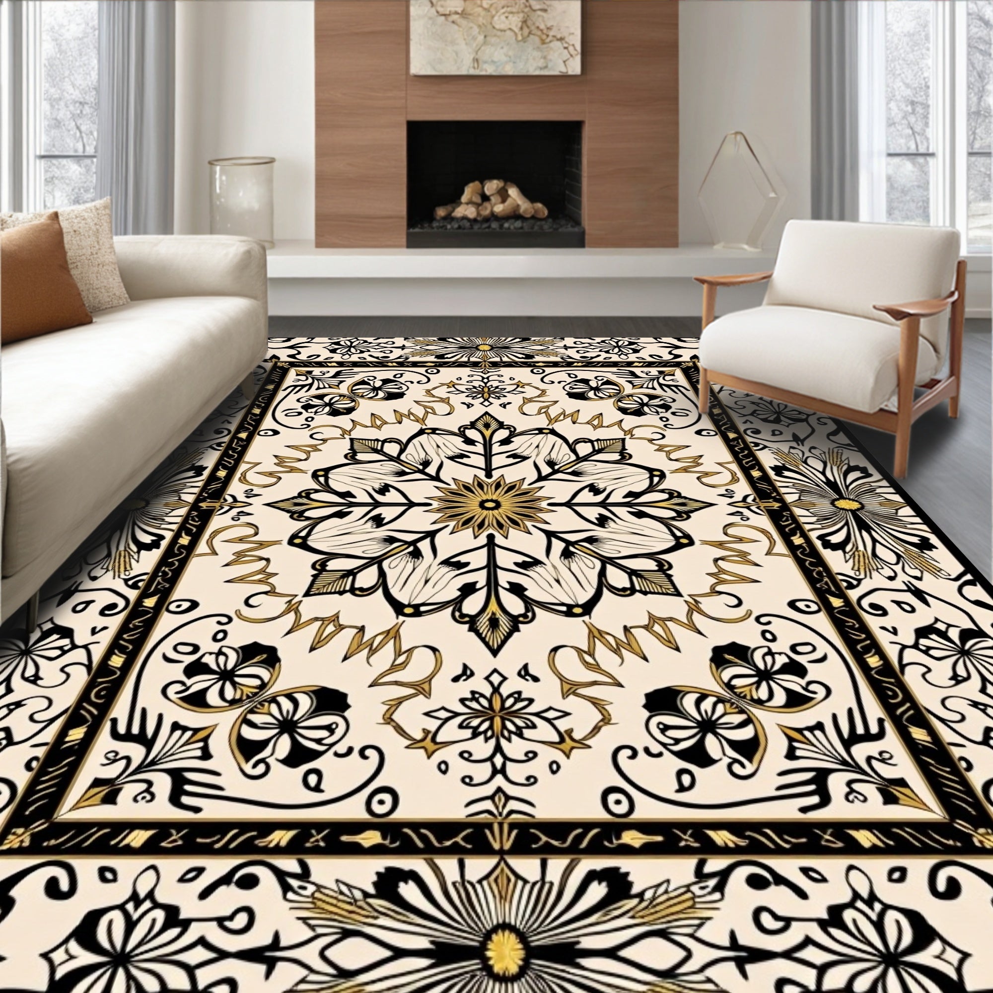 Cream Black Gold Floral Medallion Rug
